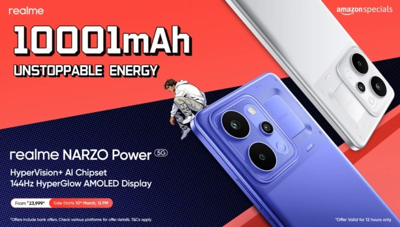 Realme lanzó el Narzo Power 5G, equipado con una batería de 10 001 mAh y un precio de 305 dólares.