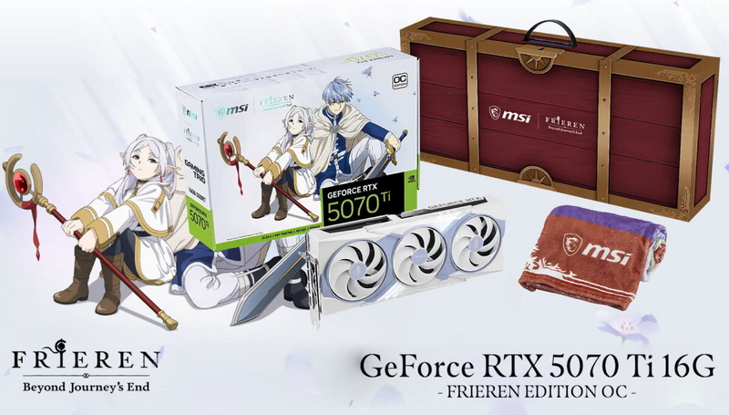 MSI presentó la GeForce RTX 5070 Ti junto con una manta y otros modelos de la serie Frieren: Beyond Journey’s End, basados en el conocido anime.