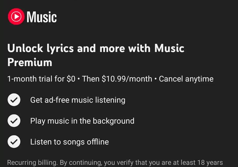 Google ocultó los textos de las canciones en YouTube Music para usuarios gratuitos